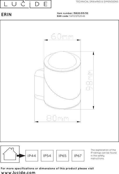 Produktbild Lucide ERIN LED Wandstrahler 5W IP65 Warmweiss Modern Schwarz 15820/05/30 (500 lm, IP65)