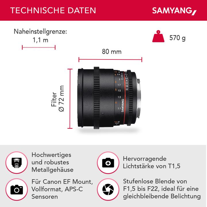 Produktbild Samyang 85mm T1.5 VDSLR II Canon EF (Canon EF, Vollformat)