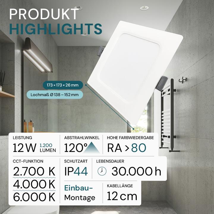 Produktbild Luxula LED Einbau Downlight, eckig, weiss, 12W, IP44, 1200lm, CCT (1200 lm)