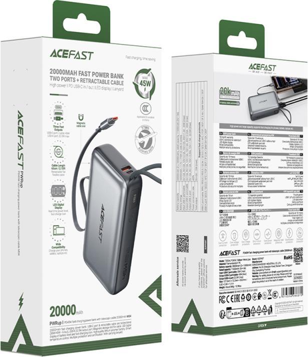 Actual product image Acefast - Power Bank (M34) - with Telescopic Cable, Type-C, Fast Charge, PD45W, 20000mAh - Gray (20000 mAh)