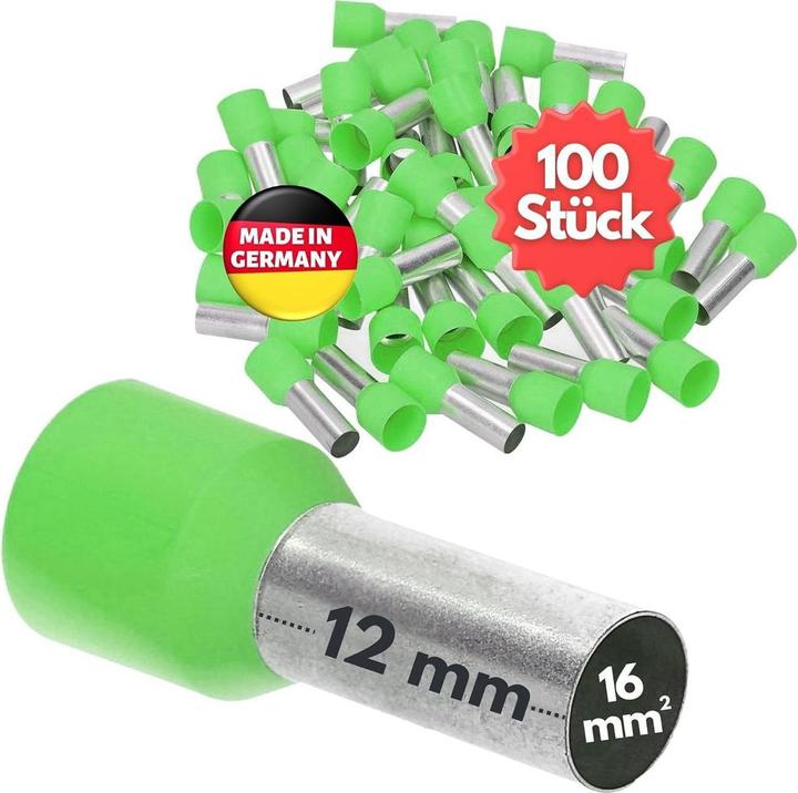 Kalitec 100 Stück AE1612GN Aderendhülsen isoliert 16,0mm² 12mm lang grün I Made in Germany I Industr