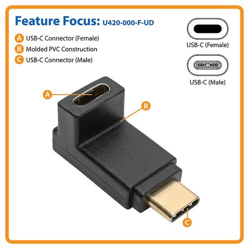 Actual product image Eaton TRIPPLITE USB-C Right Angle Adapter M/F 3.1 Gen 2 10Gbps Thunderbolt 3 Compatible 3A Rating (USB, USB-C)