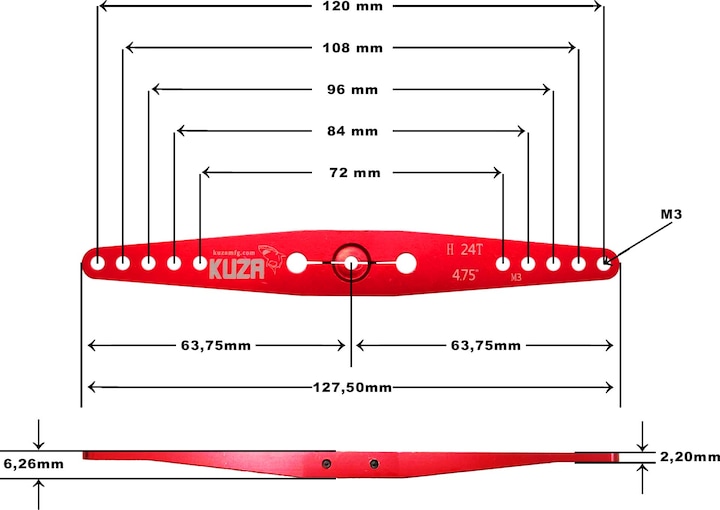Produktbild Kuza servohebel 2-arm hitec 24t 120/108/96/84 72mm 4.75" m3 heavy duty v2 aluminium