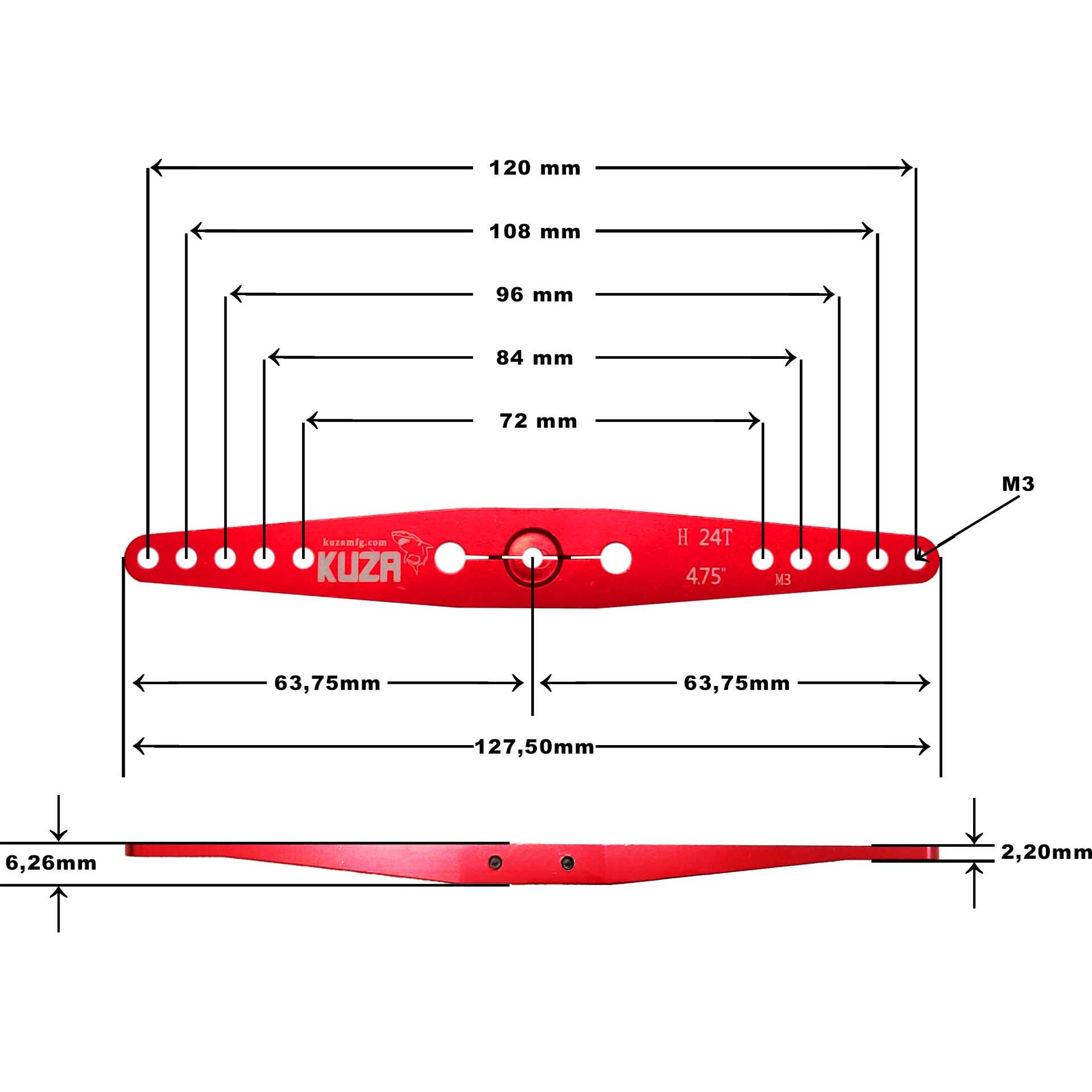 Thumbnail - Kuza servohebel 2-arm hitec 24t 120/108/96/84 72mm 4.75" m3 heavy duty v2 aluminium
