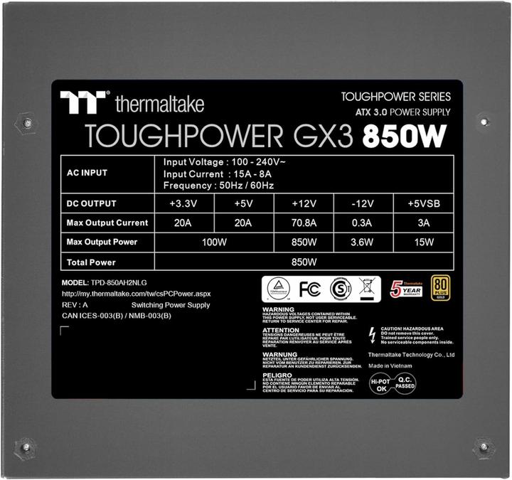 Produktbild Thermaltake TT Toughpower GX3 0850W (schwarz, 5x PCIe, Kabel-Management, 850 Watt) (850 W)