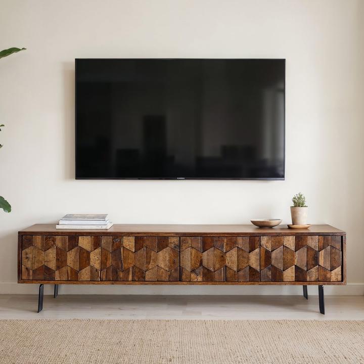 Produktbild FineBuy Lowboard TV Board Sheesham Massivholz 160 cm 3D Fronten & Metallbeine (160 x 35 x 40 cm)