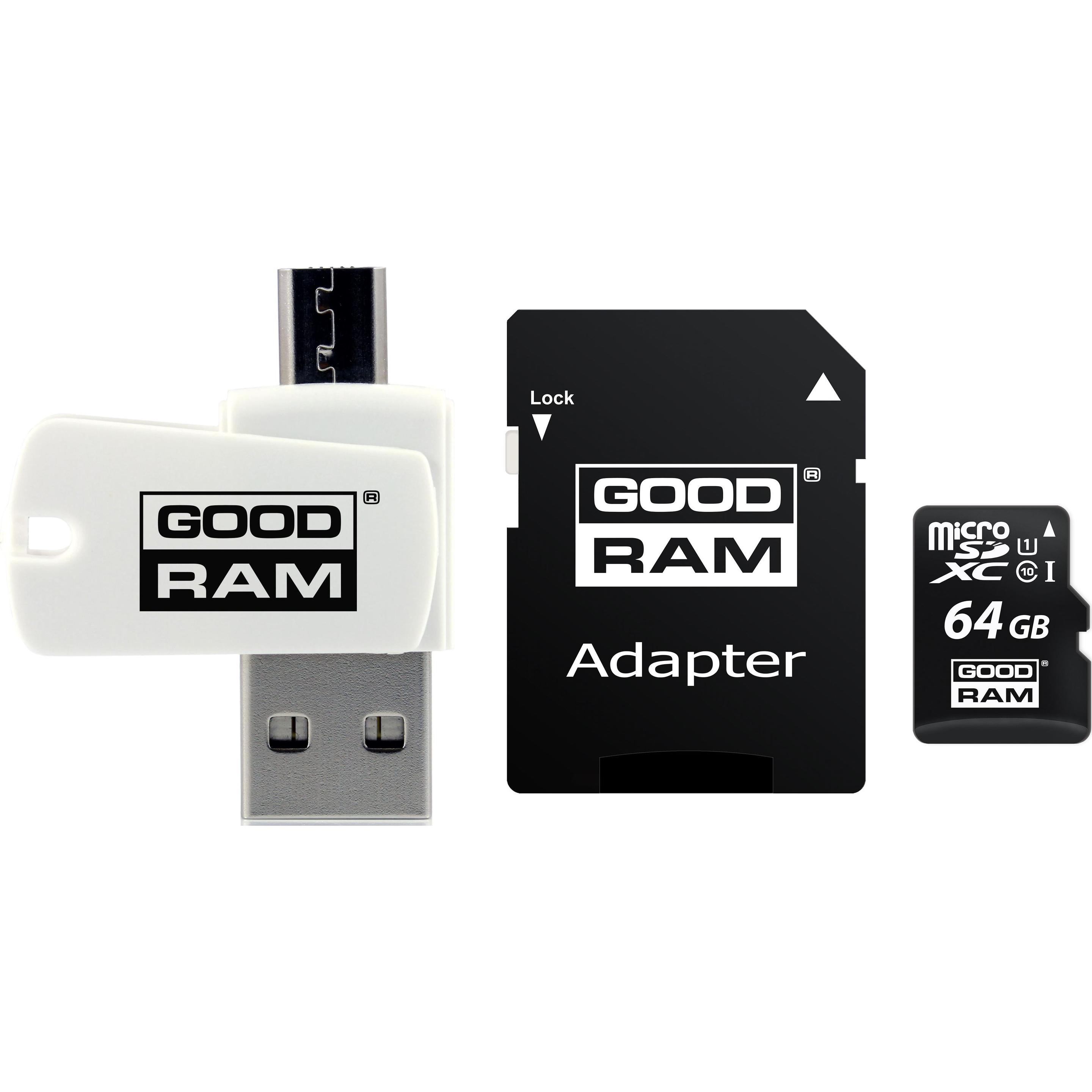 Goodram Scheda All in One Micro SDXC 64 GB Classe 10 UHS-I / U1 (M1A4-0640R12) (64 GB, microSDXC, U1, UHS-I), Scheda di memoria, Nero, Bianco