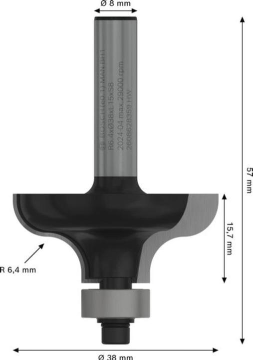 Produktbild Bosch Professional Zubehör Kantenformfräser G, 8 mm, R1 6,35 mm, D 38 mm, L 15,7 mm, G 57 mm