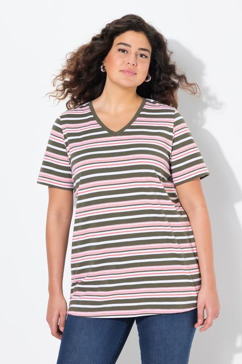 Actual product image Ulla Popken Colorful Striped Short Sleeve V-Neck Tee (46, 48)