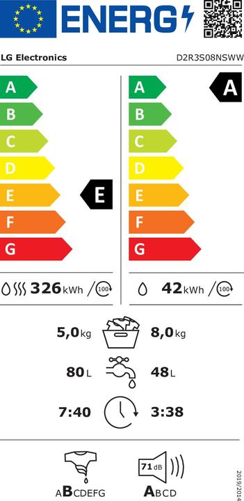 Energie-Label LG D2R3S08NSWW Wasch-Trockenautomat slim 8/5kg AI DD, Klasse E, 1200 U/min, AI Wash, Steam