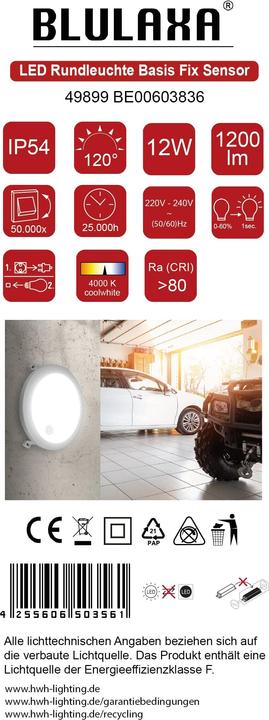 Produktbild Blulaxa LED-Rund-Leuchte Basis Fix, IR-Sensor, 12W, 1200lm, 4000K, IP54 (1200 lm)