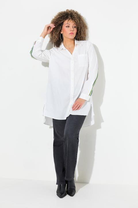 Produktbild Ulla Popken Longbluse, Zierbänder, Hemdkragen, V-Ausschnitt, Langarm (58)