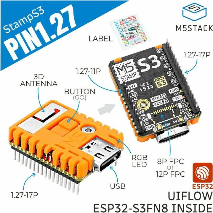 Immagine prodotto M5Stack Scheda sviluppatore M5StampS3 con pin di intestazione 1.27
