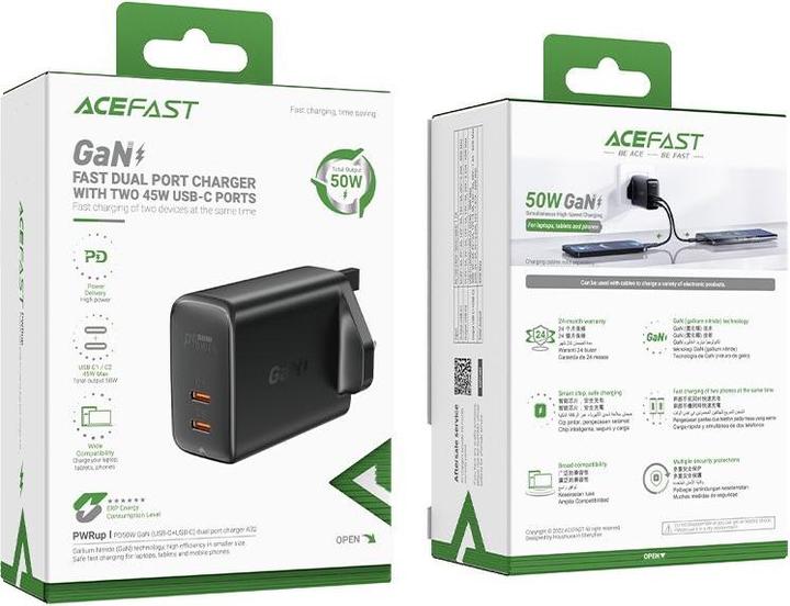 Produktbild Acefast GaN charger (UK plug) 2x USB Type C 50W, Power Delivery, PPS, Q3 3.0, AFC, FCP black (A32 UK (50 W)