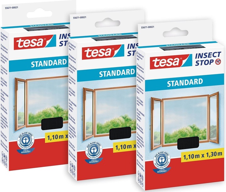 Image du produit tesa 3x moustiquaire STANDARD pour fenêtres, avec bande Velcro, sans perçage (110 x 130 cm)