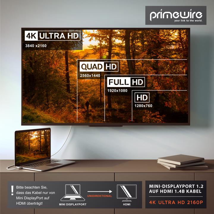 Produktbild Primewire 4k Mini Displayport 1.2 auf HDMI Kabel | Thunderbolt 1- und Thunderbolt 2 Ports | 4K Ultra HD 2160p (2 m, DisplayPort, HDMI, 2.0)