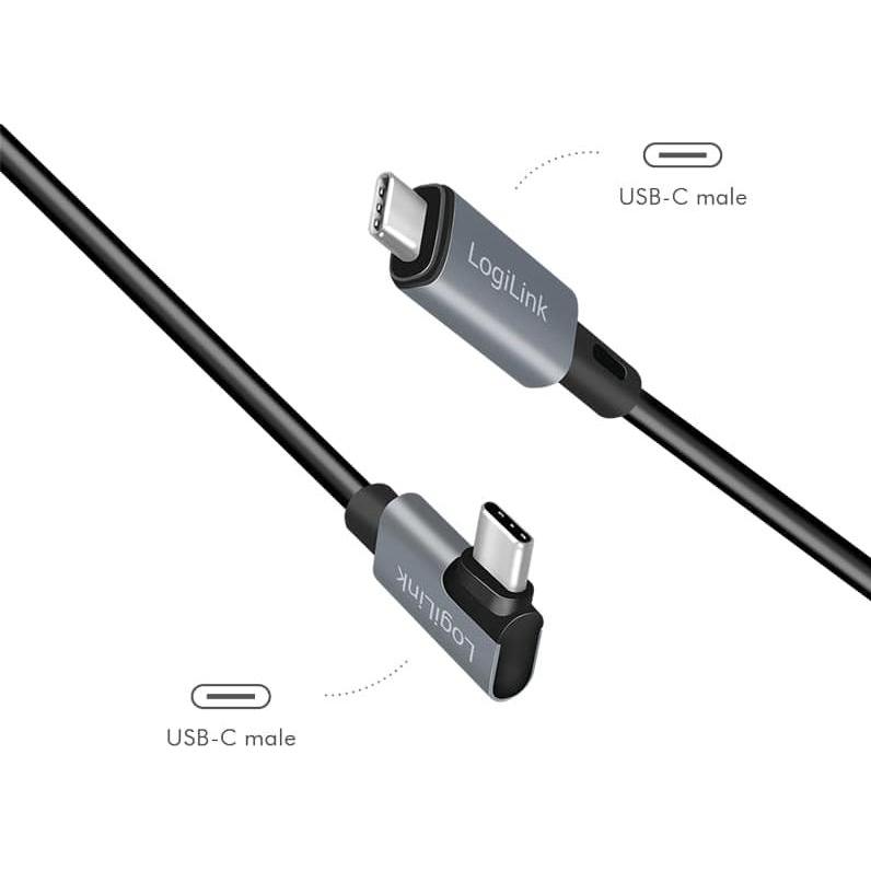 Thumbnail - LogiLink USB 2.0 Type-C-Kabel, USB-C/M 90° zu USB-C/M, E-mark, PD, schwarz, 2 m (2 m, USB 2.0), USB Kabel