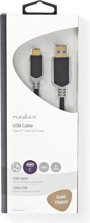 Actual product image Nedis USB cable USB 3.2 Gen 1 USB-A male USB-CT male 5 Gbps Gold-plated 1.00 m round PVC Anthrazi (1 m, USB 3.2 Gen 1, 60 W)