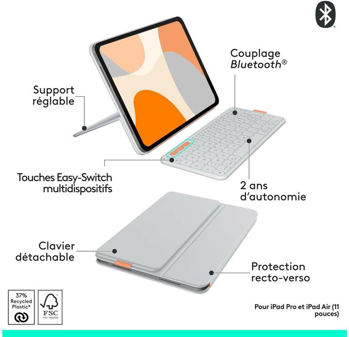 Produktbild Logitech Flip Folio Pale Grey (Schweiz, Apple iPad Air 11 2024, Apple iPad Air 11 2025, Apple iPad Air 2022, Apple iPad Pro 11 2024)