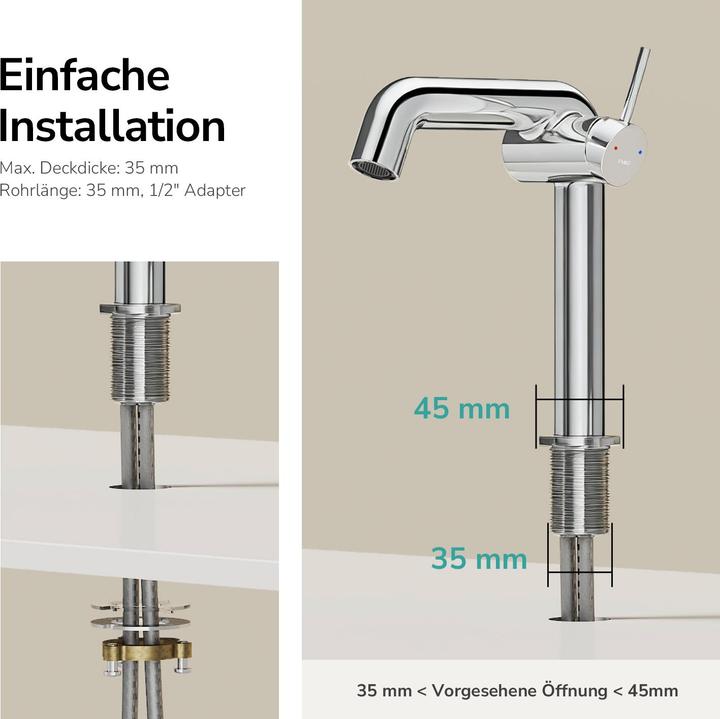 Produktbild Emke Wasserhahn Bad Messing Keramikkartusche Luftsprudler Waschtischarmatur Mischbatterie einfache Instal