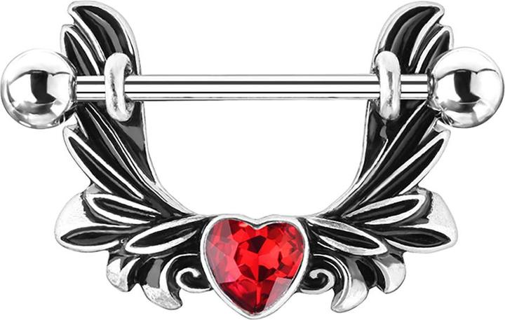 Produktbild Star Piercing Barbell silber Engelsflügel Herzkristall rot (Messing, Chirurgenstahl 316L)