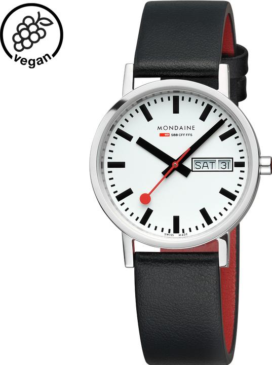 Immagine prodotto Mondaine Classic - Vegan poliert Wochentag / Datum (Orologio da polso analogico, Fatto in Svizzera, 36 mm)