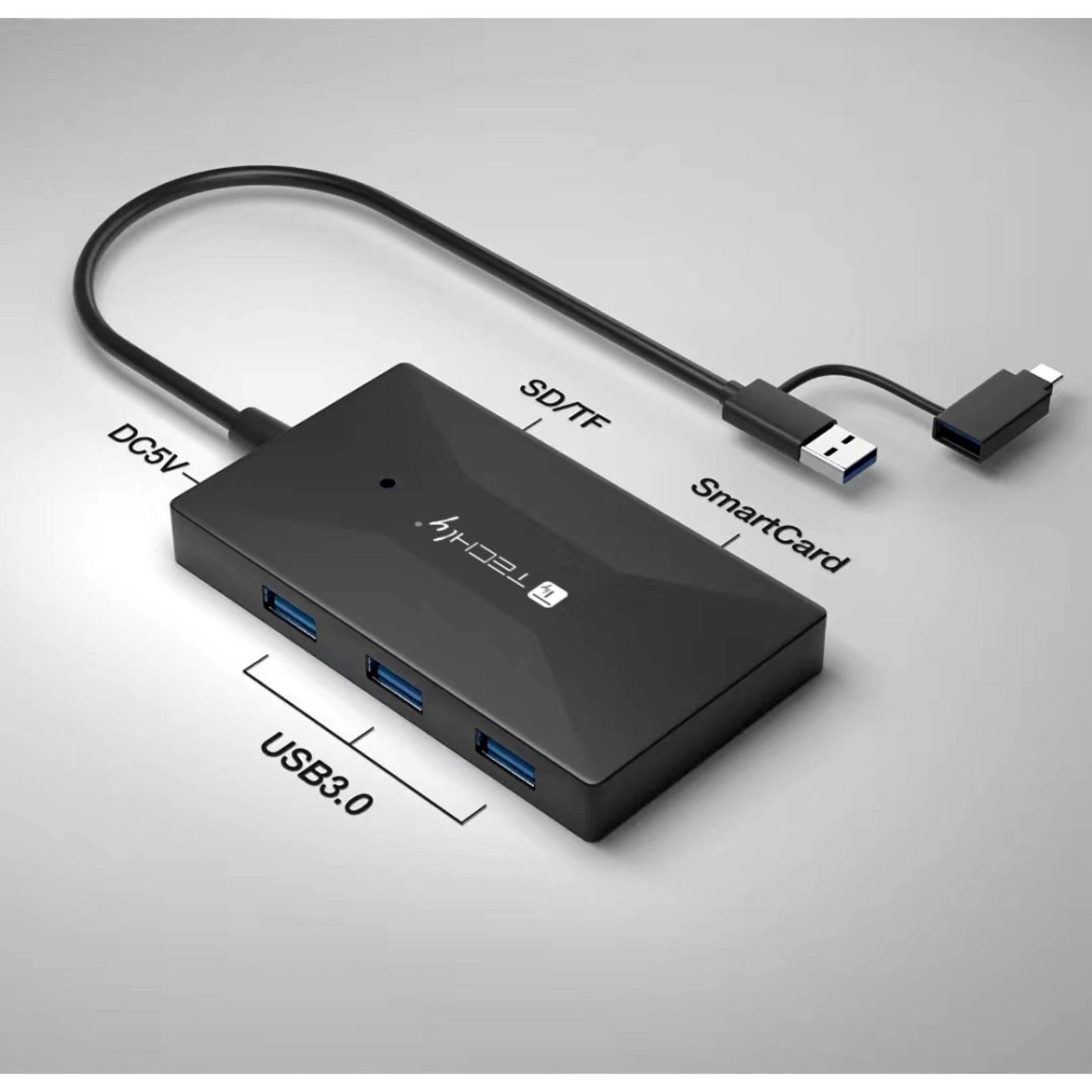 Techly Multi-Kartenleser und HUB USB-A/C (USB), Speicherkartenlesegerät, Schwarz