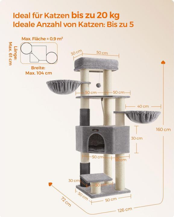 Image du produit Feandrea Arbre à chat (160 cm, Gris)