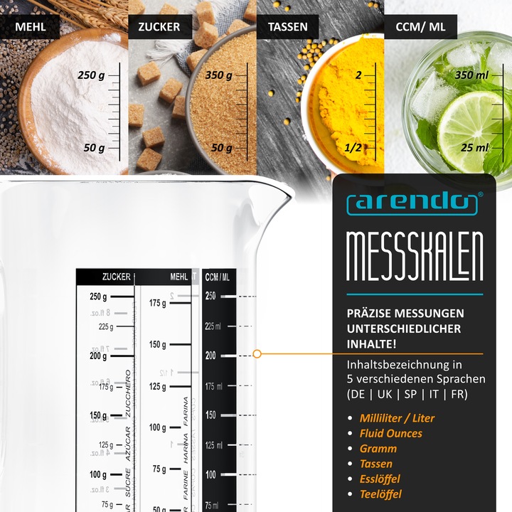 Produktbild Arendo Messbecher-Set, 50 ml, 125 ml & 250 ml aus Glas für Küche, luftdicht, Bambusdeckel, Silikondichtung (250 ml)