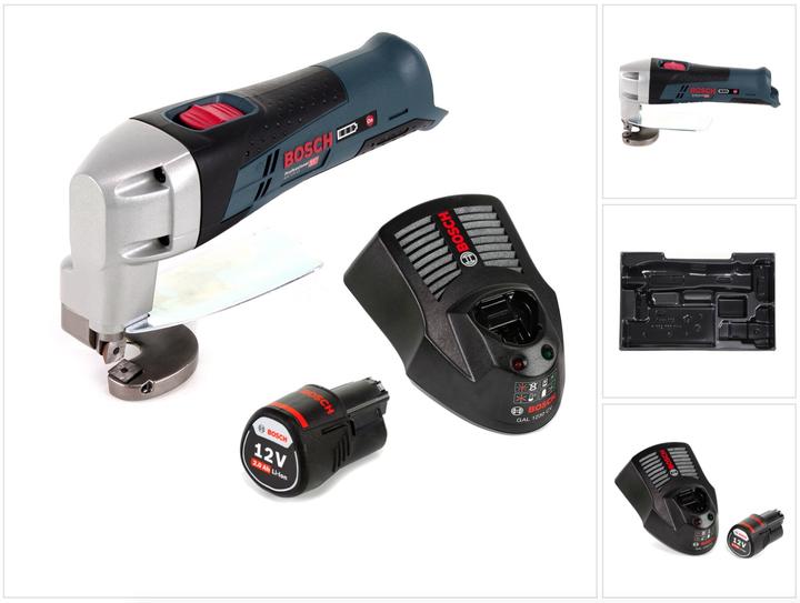1x Bosch GSC 12 V-13 Professional cordless tin snips, 1x GBA 12 V 2.0 Ah battery, 1x Bosch GAL 1230 charger, 1x insert for L-Boxx