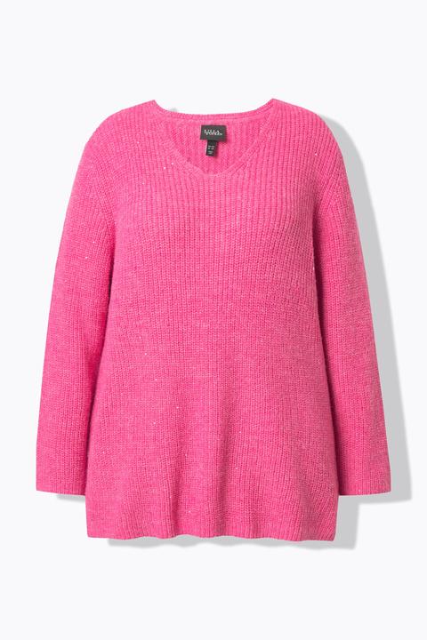 Produktbild Ulla Popken Pullover, Rippstrick, Pailletten, V-Ausschnitt, Langarm (62)