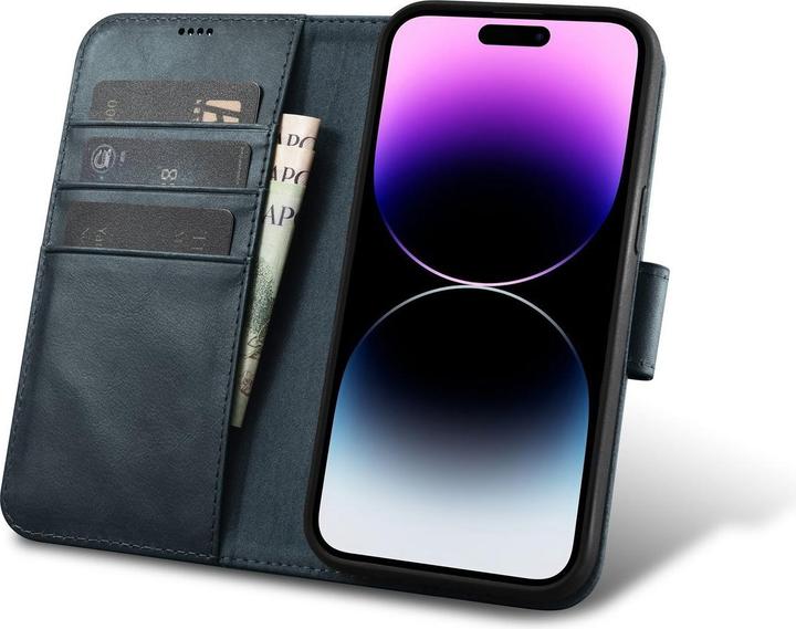 Actual product image iCarer oil Wax wallet case 2 in1 cover iPhone 14 Pro max. leather reverse cover anti-RFID blue (WMI1 (Apple iPhone 14 Pro Max)