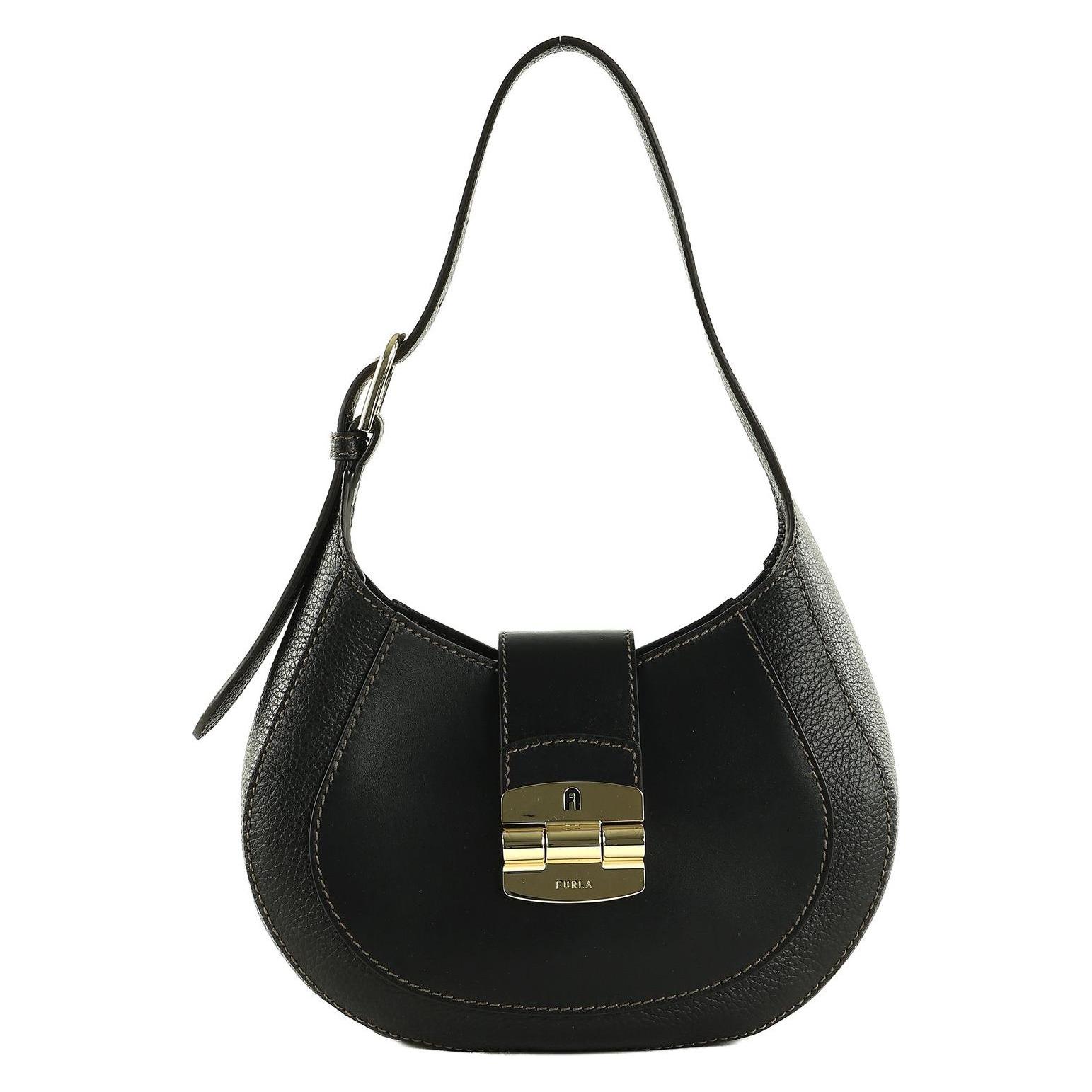Furla, Damen, Handtasche, Leren Schoudertas Club 2 Hobo Nero Zwart, Schwarz