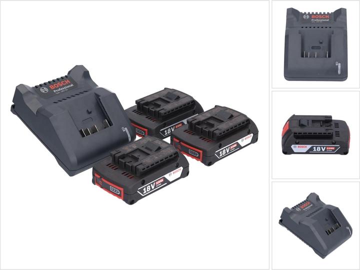 1x Bosch GAL 18V-20 Akku Ladegerät ( 2607226281 ), 3x Bosch GBA 18 V 2,0 Ah Akku ( 1600Z00036 )