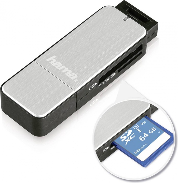 Actual product image Hama USB 3.0 SD/microSD card reader, silver (USB 3.0)