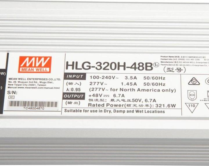 Immagine prodotto MeanWell MEAN WELL HLG-320H-48B, 320 W, IP20, 90 - 305 V, 48 V, 90 mm, 252 mm