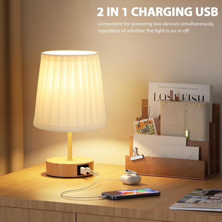 Produktbild Alopini Bedside Lamp Touch Dimmable, USB A+C Charging Function, Table Lamp with Lampshade (E27)