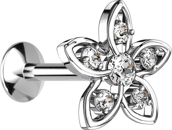 Image du produit Star Piercing Micro UFO Labret femelle argenté avec fleur et cristal argenté (Laiton, Acier chirurgical 316L)