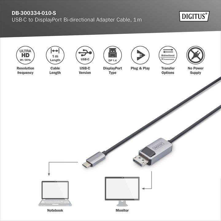 Produktbild Digitus USB Typ-C Adapterkabel, USB-Typ-C auf DP (1 m)