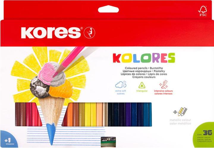 Actual product image Kores "Kolores" triangular coloured pencils, 36-pack cardboard box, highly pigmented, lead thickness: 3 (Multicoloured, 36 x)