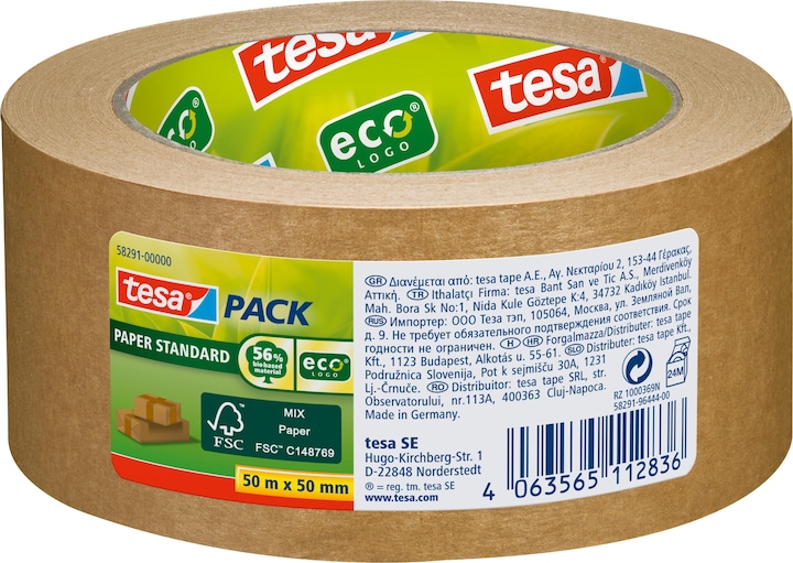 tesa nastro da imballaggio tesapack PAPER STANDARD - 56% di materiale biobased - adatto al riciclaggio (50 mm)