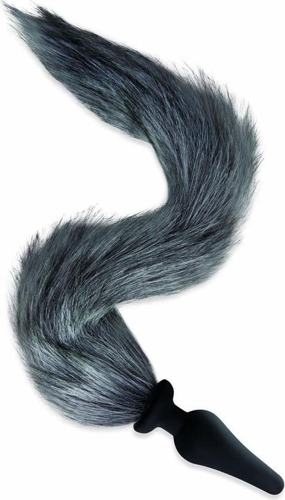 Actual product image Xgen Products whipsmart 4.5 inch silicone plug with grey indigo fox tail set
