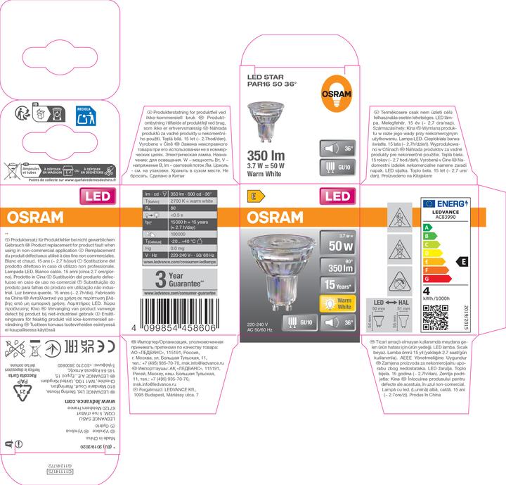 Produktbild Osram LED Leuchtmittel LED STAR PAR16 3.7W 827 GU10 Warm weiss 4099854458606 (GU10, 3.70 W, 350 lm, 6 x, E)