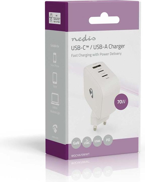 Produktbild Nedis Netzladegerät | 70 W | GaN | PD3.0 | Schnellladefunktion | 1.5 / 2.25 A / 2.5 / 3.0 / 3.5 A | (70 W)