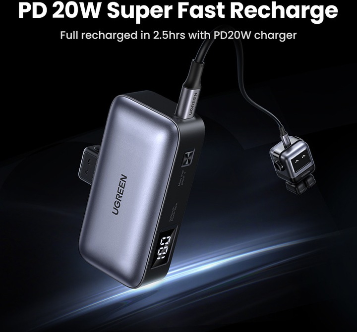 Immagine prodotto Ugreen Banca di energia da 5000 mAh con connettore USB-C incorporato (5000 mAh, 22.50 W, 18 Wh)