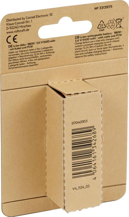 Actual product image Voltcraft VC-18650PCM Spezial-Akku 18650 Kabel Lithium 3.6 V 3400 mAh (1 pcs., 18650, 3400 mAh)