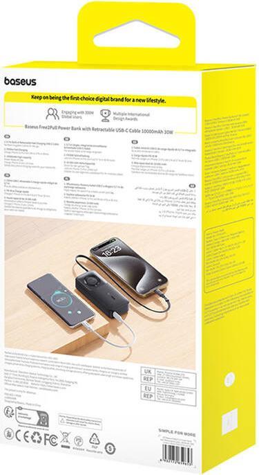 Produktbild Baseus Free2Pull 10000mAh 30W powerbank with USB-C port and retractable USB-C cable - black (10000 mAh, 30 W, 37 Wh)