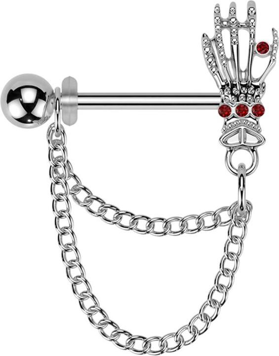 Actual product image Star Piercing Barbell silber mit Kugel und Skeletthand Kristalle rot Anhänger zwei Ketten rechts (Brass, Surgical steel 316L)
