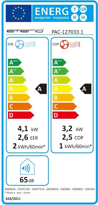 Energy Label Emerio Air Conditioner 14'000 Btu/h, 3-in-1 (68 m², 14000 BTU/h)