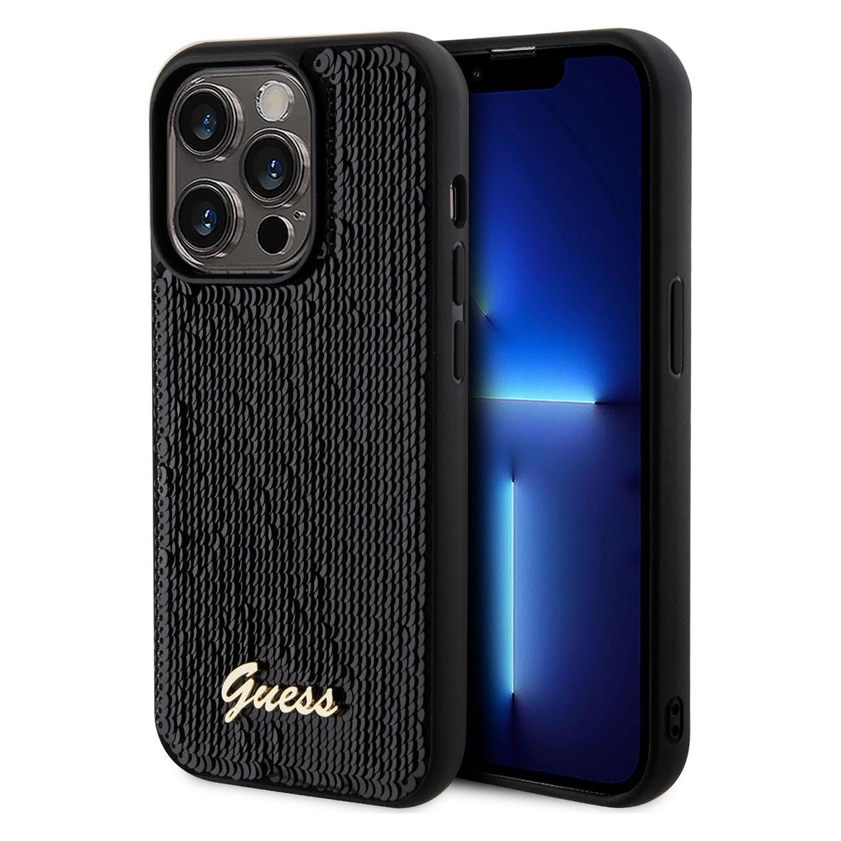 Guess GUHCP14LPSFDGSK IPhone 14 Pro 6.1 Czarny/black Hardcase Sequin Script Metal (Apple IPhone 14 Pro), Smartphone Hülle, Schwarz
